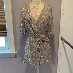 zara silver sequin wrap dress Zara Mirrow Structured Silver Wrap Sequin Draped Surplice Ruched Dress sz  S